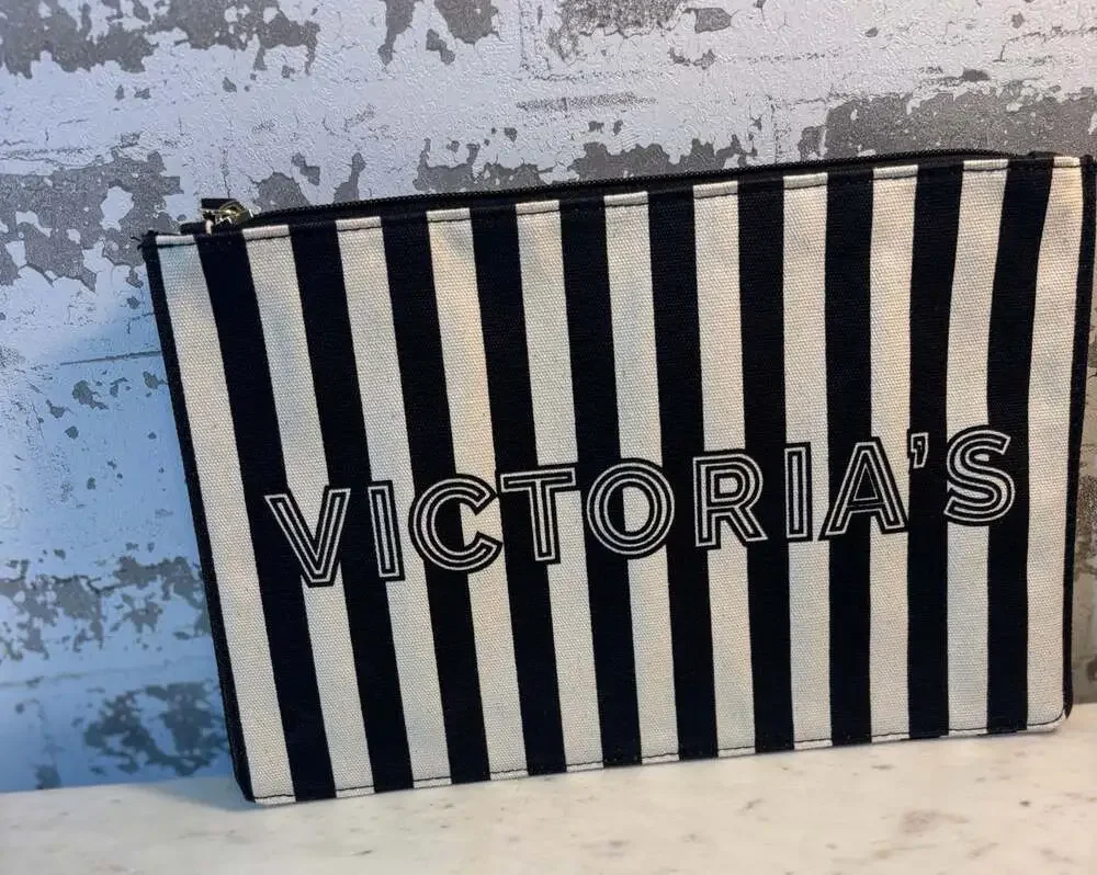 Victoria's Secret Black and White Striped Canvas Wristlet Makeup Bag